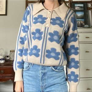 Cider retro collared Pullover with blue flowers